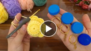 Crochet keychain design with plastic blue cap attachment